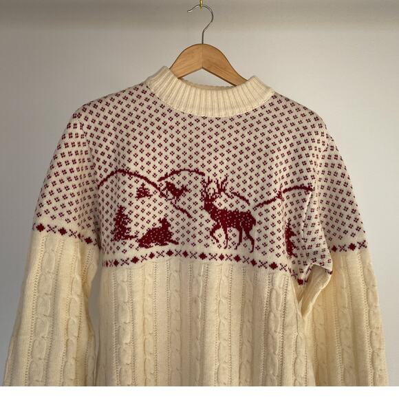 Vintage 70s JANTZEN Wool Deer Sweater / Sz L / Landscape Retro Holidays Ski - Picture 3 of 9